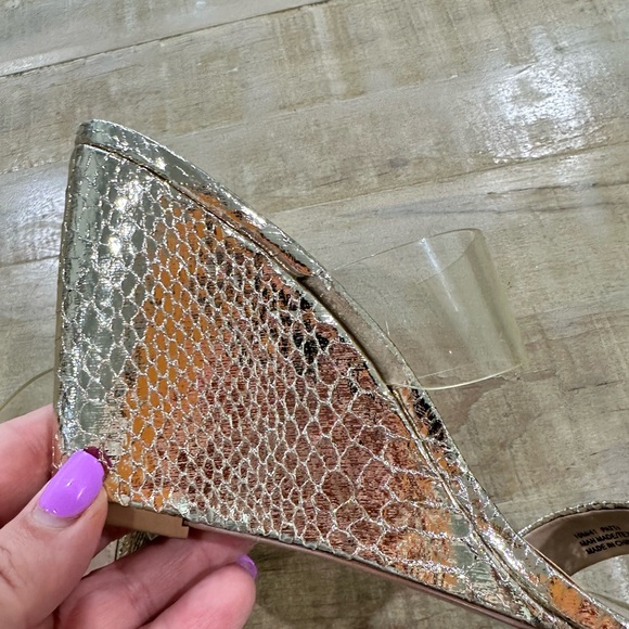 BCBGeneration gold metallic open toe wedge PATTI heels shoes slide sandal - Picture 9 of 16